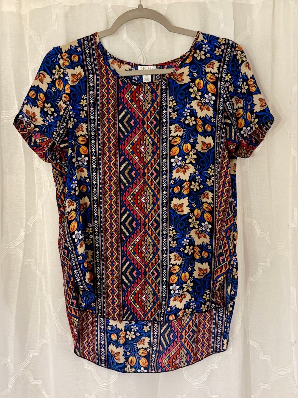 Spense Small Navy Floral Geometric Boho Short Sleeve Blouse
